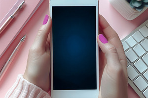 A young woman's hands hold a smartphone against a pink desk, showcasing a cozy, a Photo by ImageMir