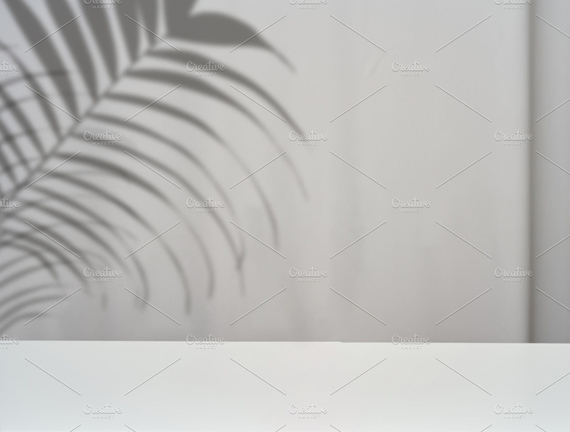 A white, empty tabletop with a soft palm branch shadow against a, a Background Photo by ndanko