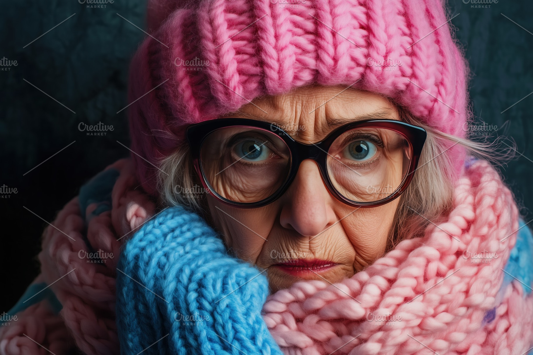 A close-up portrait of an elderly woman wearing a large pink knitted hat and a, a Person Photo by Textures & Backgrounds