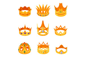 Isometric Golden Crowns Set. Royal