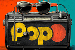 Vintage radio with pop art design and retro sunglasses in vibrant colors, a Photo by AS photostudio