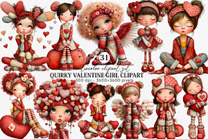 Quirky Valentine Girl Clipart Bundle, an Illustration by Canvas Craft