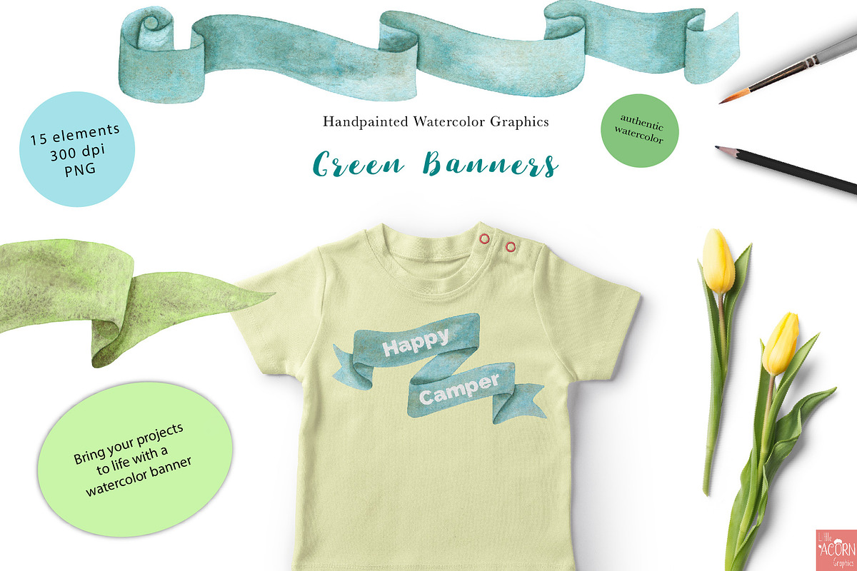 Green Watercolor Banners, an Illustration by LittleAcornGraphics (Photo 2 of 4)
