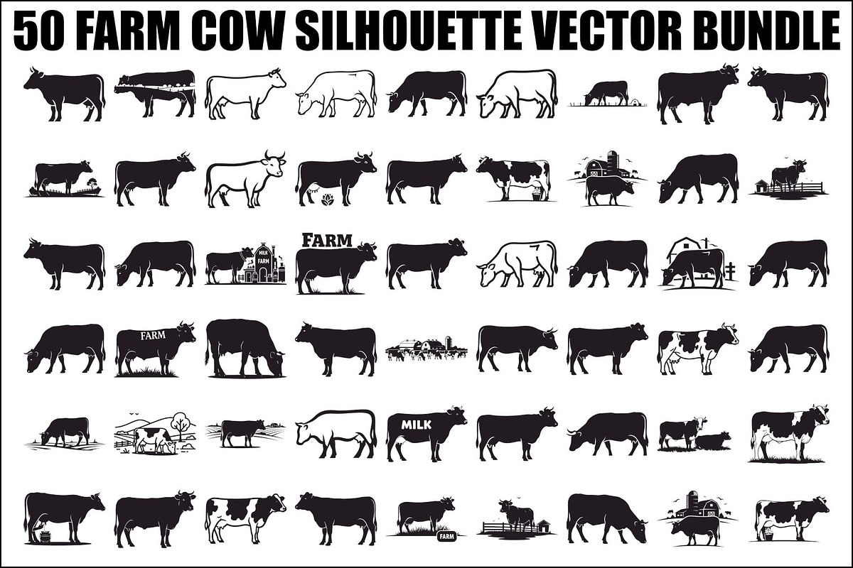 Farm Cow Silhouette Vector Bundle, an Illustration by Designs_River (Photo 1 of 51)