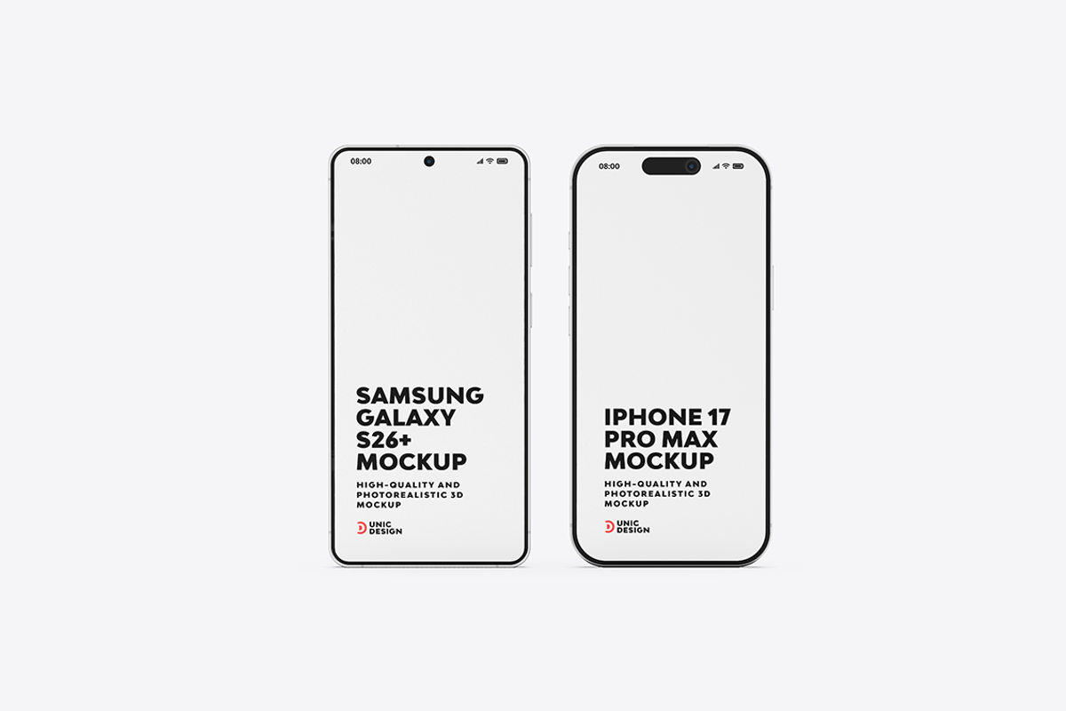 iPhone 17 & Samsung S26 Phone Mockup, an iPhone Mockup by UnicDesign (Photo 2 of 9)