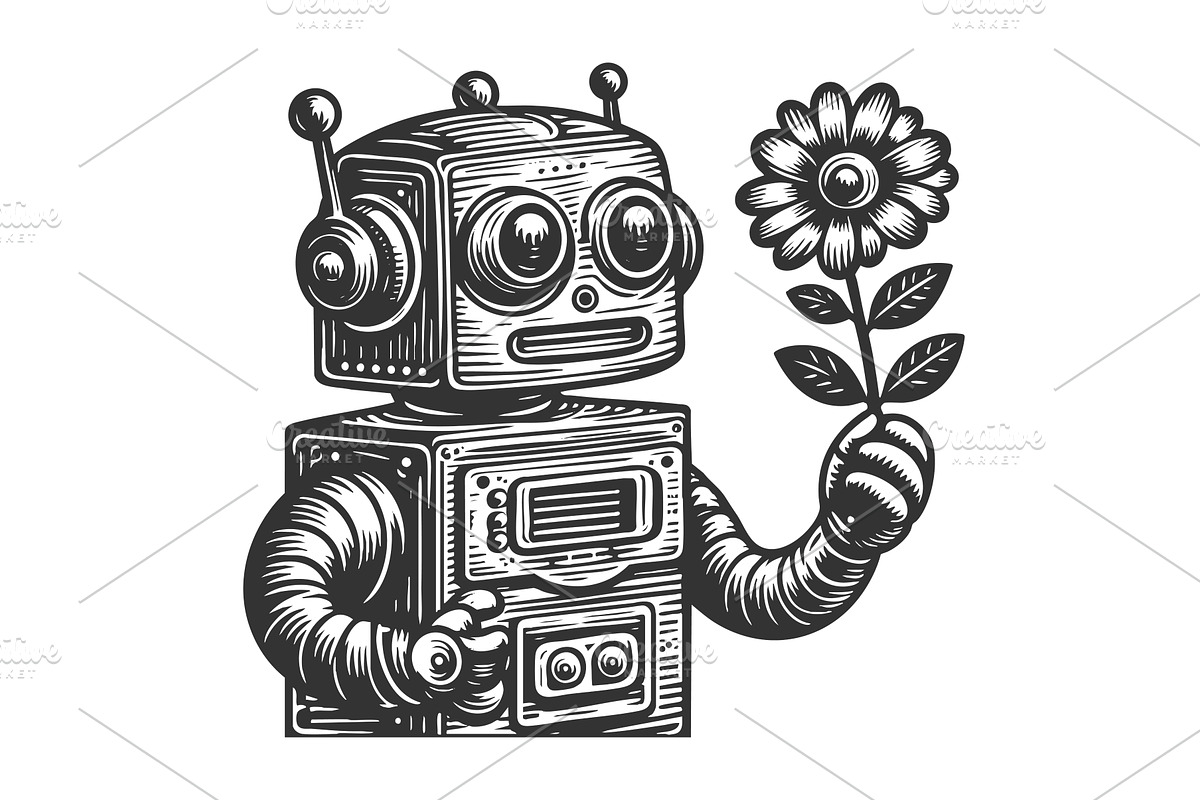 Cute Vintage Robot Holding a Flower, a Technology Illustration by AlexArt