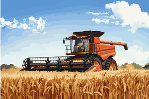 Modern combine harvester working in, an Object Illustration by AlexArt