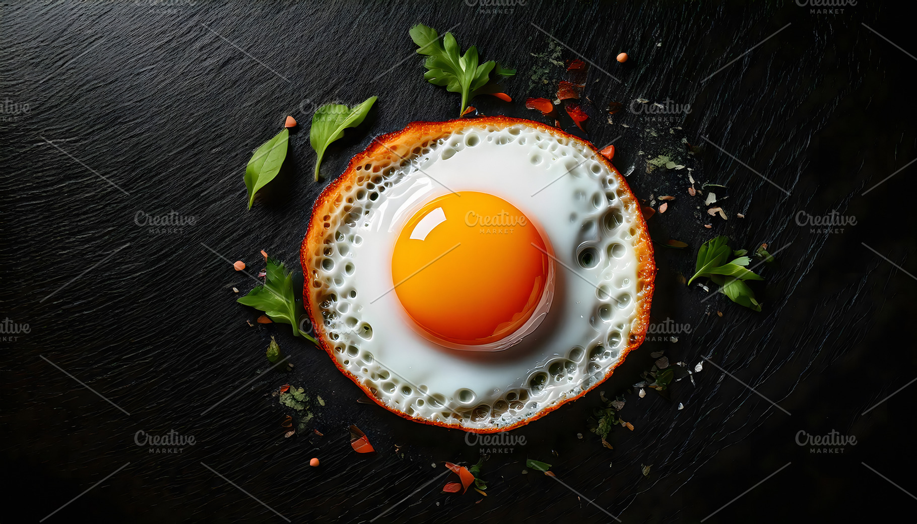 Fried egg with golden yolk served on black slate surface, a Food & Drink Photo by GoodGoods