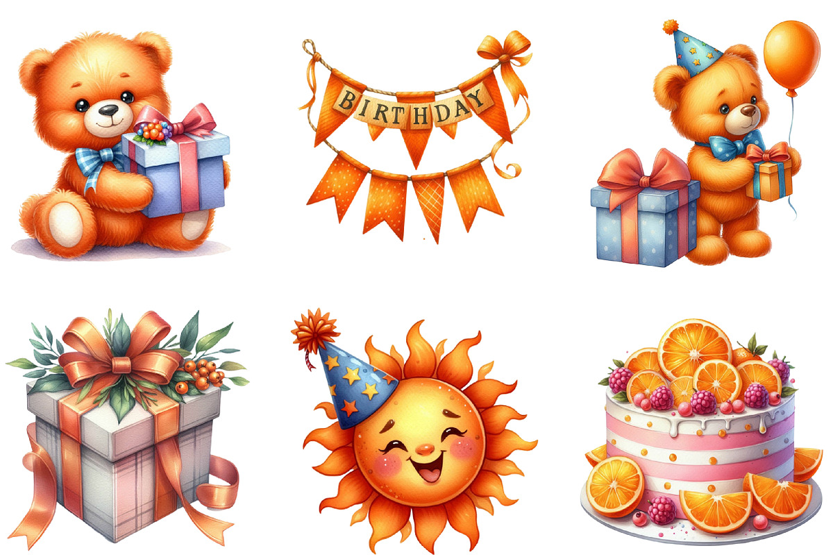 Kids Orange Birthday Watercolor PNG, an Illustration by SinaCreation (Photo 2 of 5)