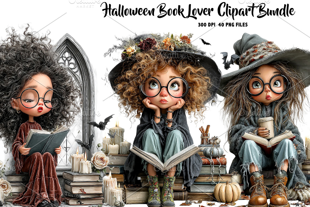 Halloween Book Lover Clipart Bundle, a Seasonal Illustration by CreationArt (Photo 1 of 7)