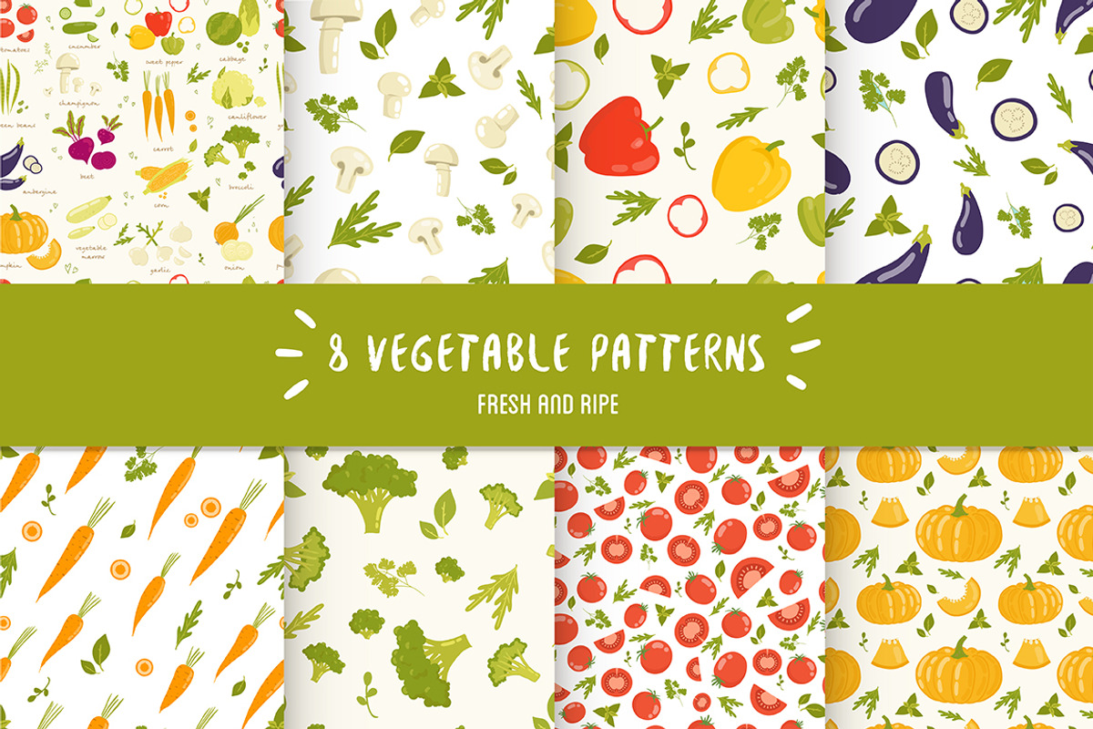 8 Seamless vegetable patterns, a Wallpaper Graphic by Artnis