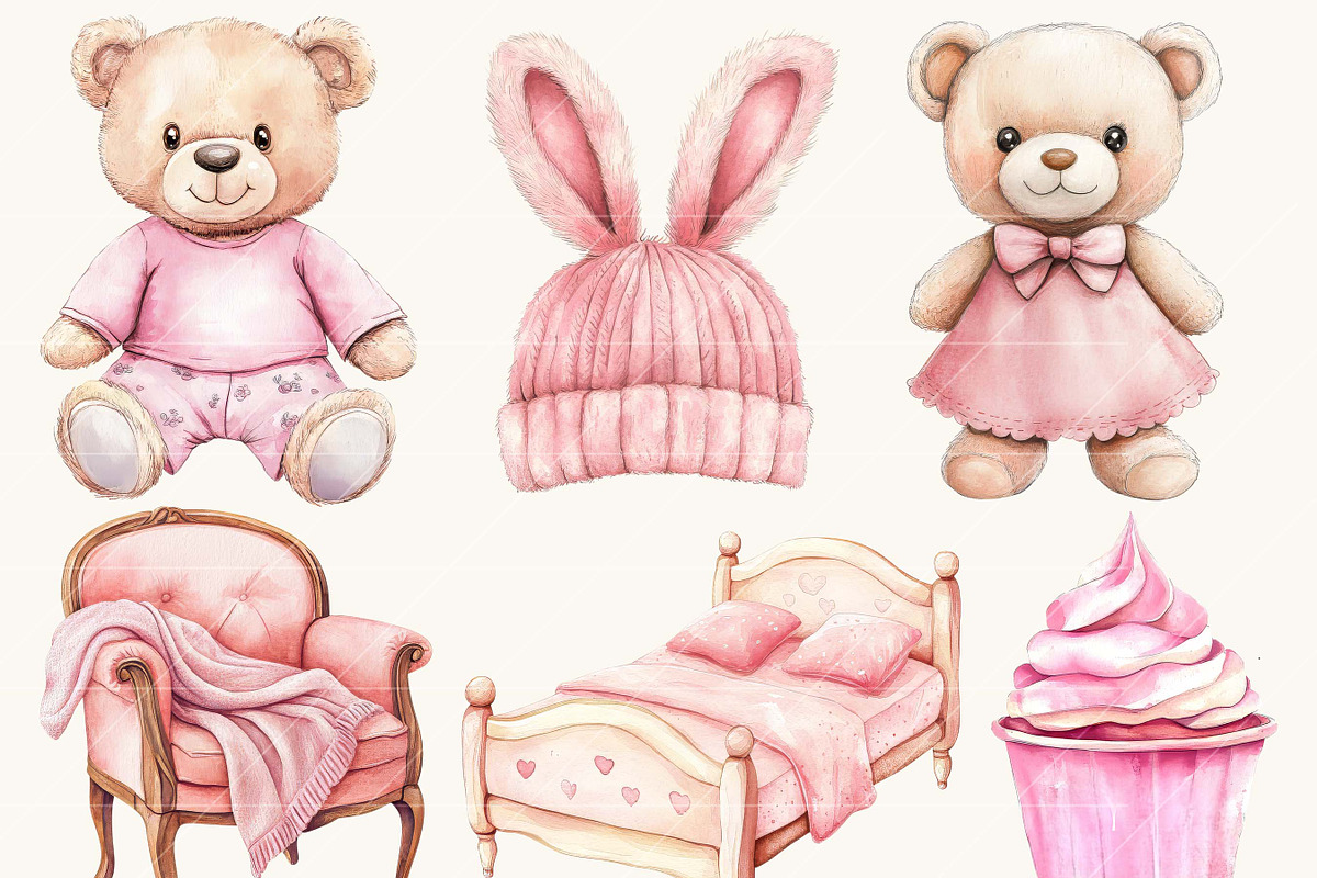 Watercolor Pink Pyjama Party Clipart, a Decorative Illustration by SparkyDesignsUS (Photo 2 of 9)