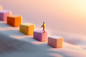 Miniature figure walking on colorful blocks during sunset on a sandy surface, a Photo by AlyaAnd