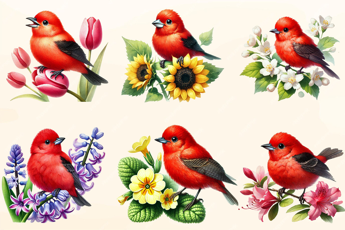 Spring Scarlet Tanager Bird Clipart, a Work Illustration by OK Design (Photo 3 of 4)
