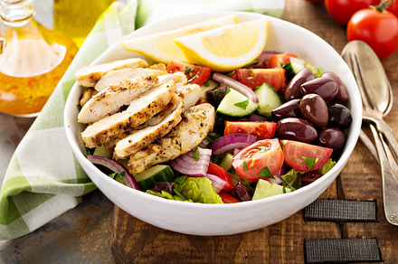 Grilled chicken and fresh vegetables chopped salad, a Background Photo by farwasser