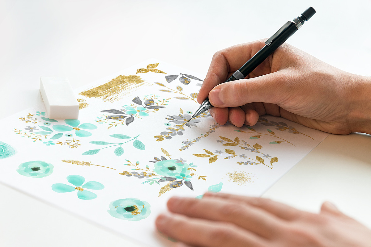 Mint & Gold -  flower clipart, an Illustration by DigitalCloud (Photo 2 of 6)