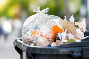 Garbage bin filled with plastic and paper waste in outdoor park, a Photo by Dvoevnore photos