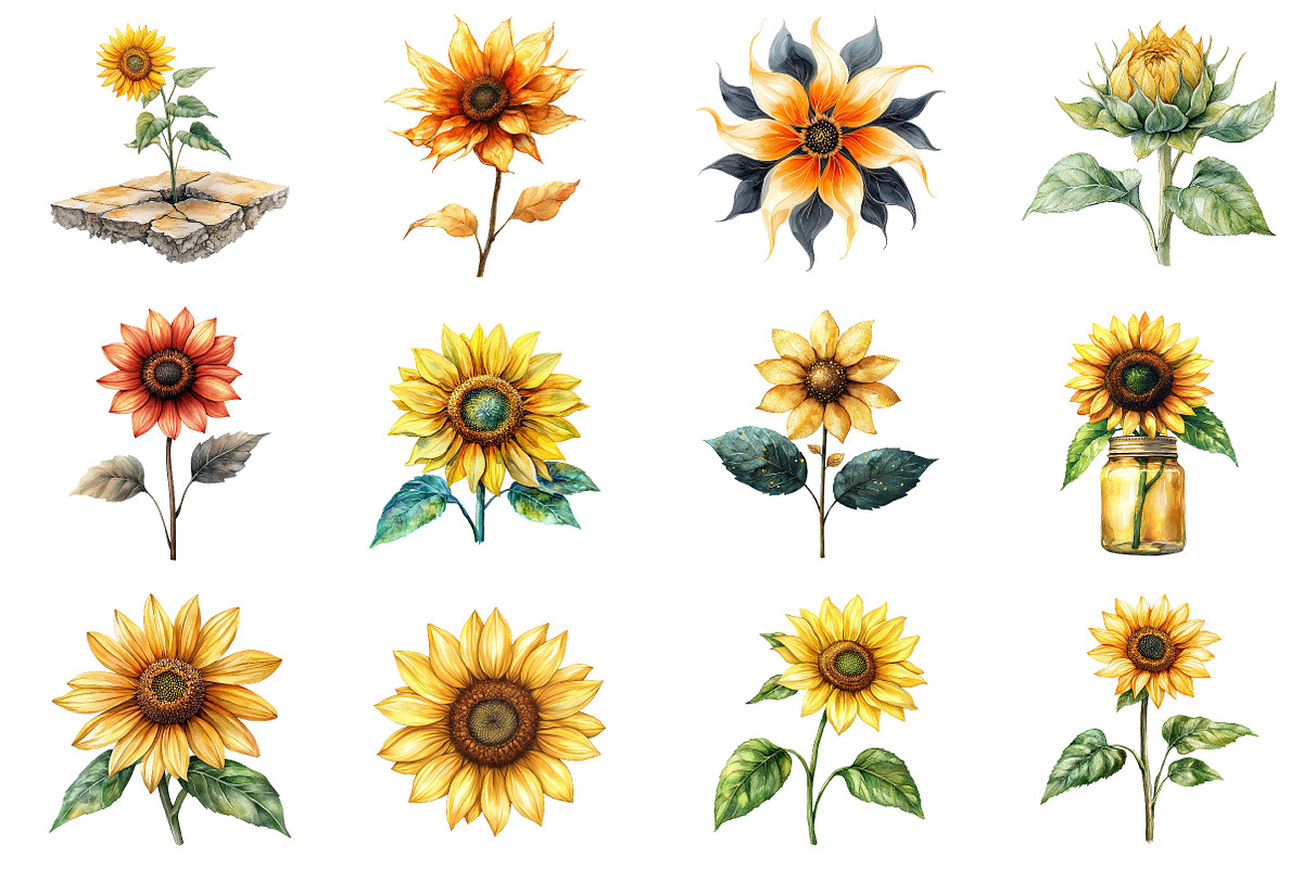 Watercolor Summer Sunflower Clipart, an Illustration by SinaCreation (Photo 2 of 5)