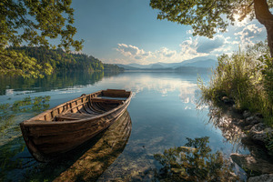 A wooden boat sits on calm water, a Photo by Pavel_design