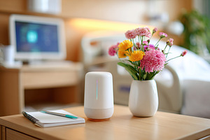 Bedside setup with flowers and smart device in a hospital room during daylight, a Photo by AlyaAnd