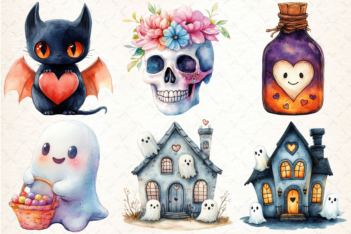 Watercolor Kawaii Halloween Clipart, an Illustration by DreamCafeArt (Photo 2 of 7)
