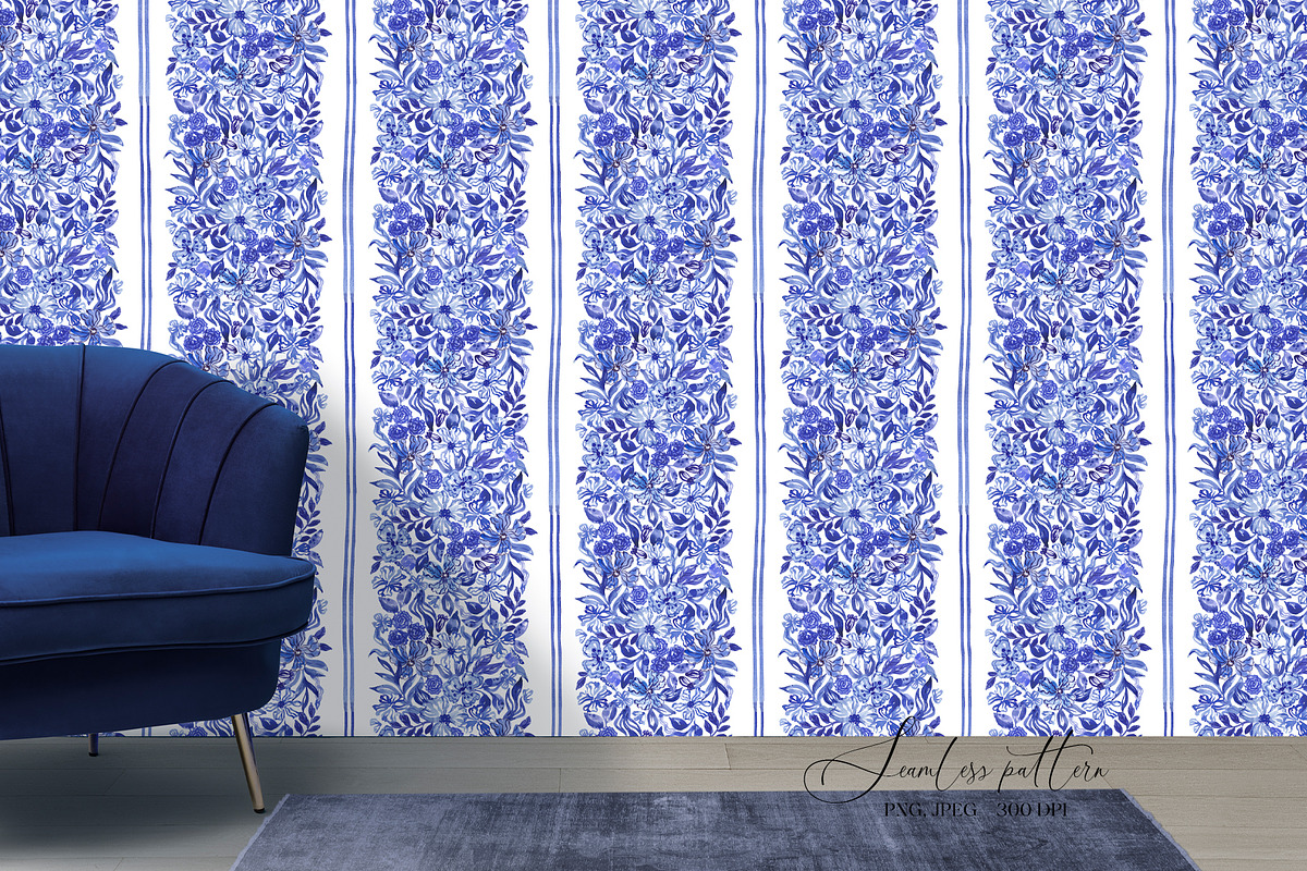 Blue Floral Vertical Seamless Border, a Pattern Graphic by SirenaArt (Photo 9 of 10)