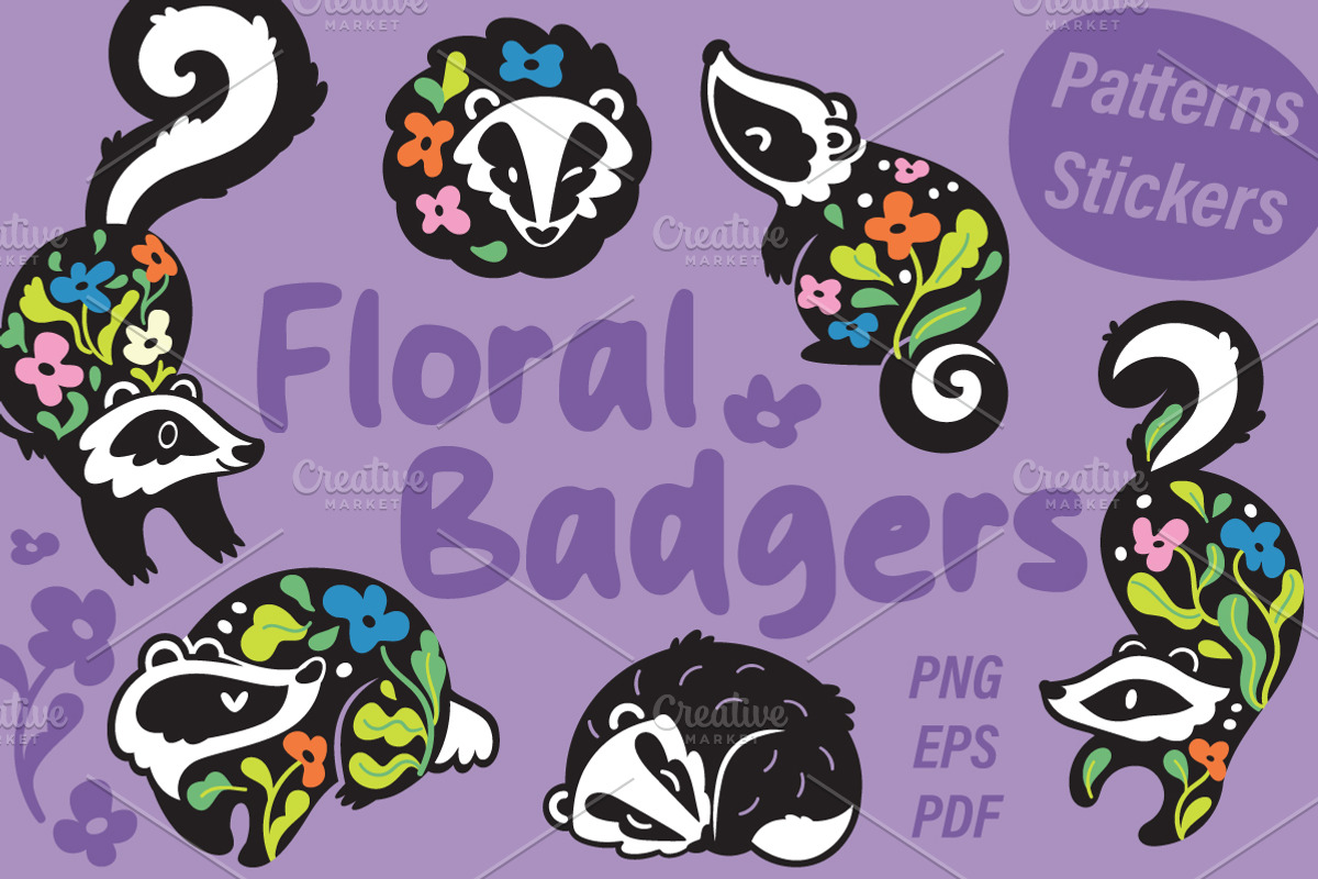 Floral Badgers, a Pattern Graphic by PenguinHouse (Photo 1 of 6)