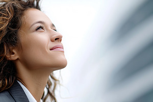 Confident woman with curly hair and, a Business Photo by MistyDay