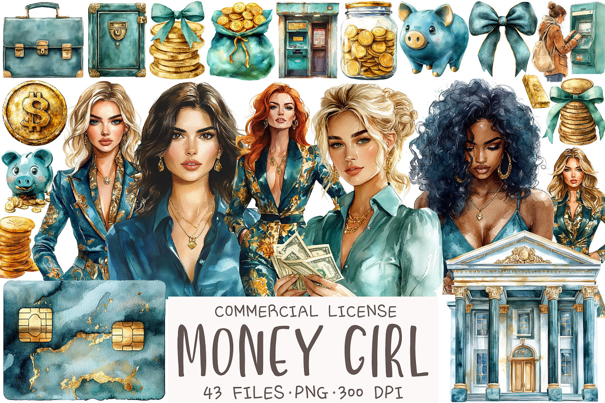 Money Girl Watercolor Clipart, an Illustration by OK Design (Photo 1 of 5)