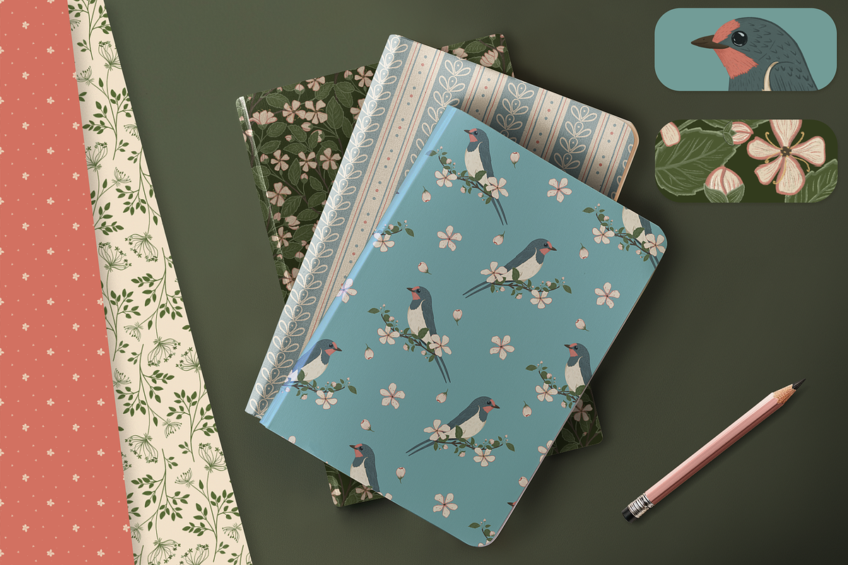 Vintage Apple Blossom & Swallows, a Pattern Graphic by PenguinArtStudio (Photo 8 of 15)