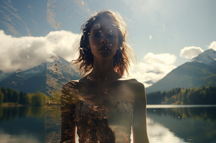Double exposer woman gazes up at a m, a Photo by SaroStock