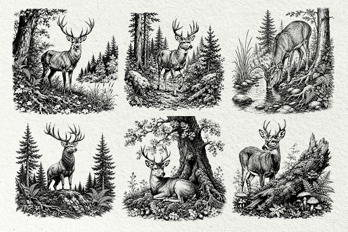 Woodland Deer Engraving Graphics, an Animal Illustration by DENIDigitalArtSudio (Photo 5 of 7)