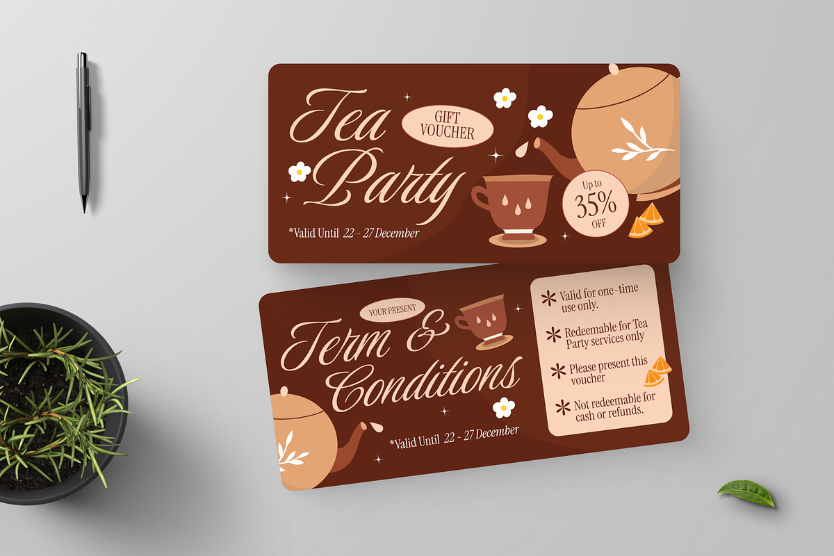 Brown Tea Party Gift Voucher, a Card Template by Annora Studio (Photo 2 of 6)
