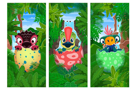 Funny dino kids in egg shells