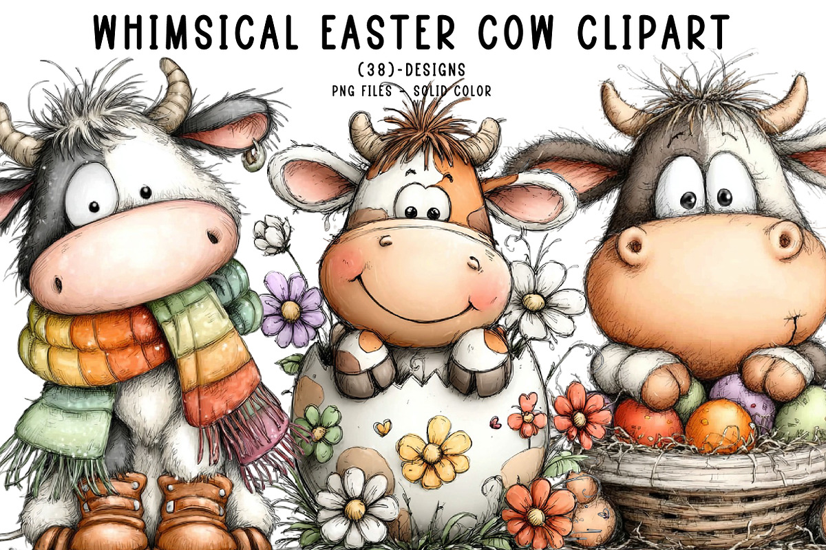 whimsical easter cow clipart, an Illustration by CreationArt (Photo 1 of 6)