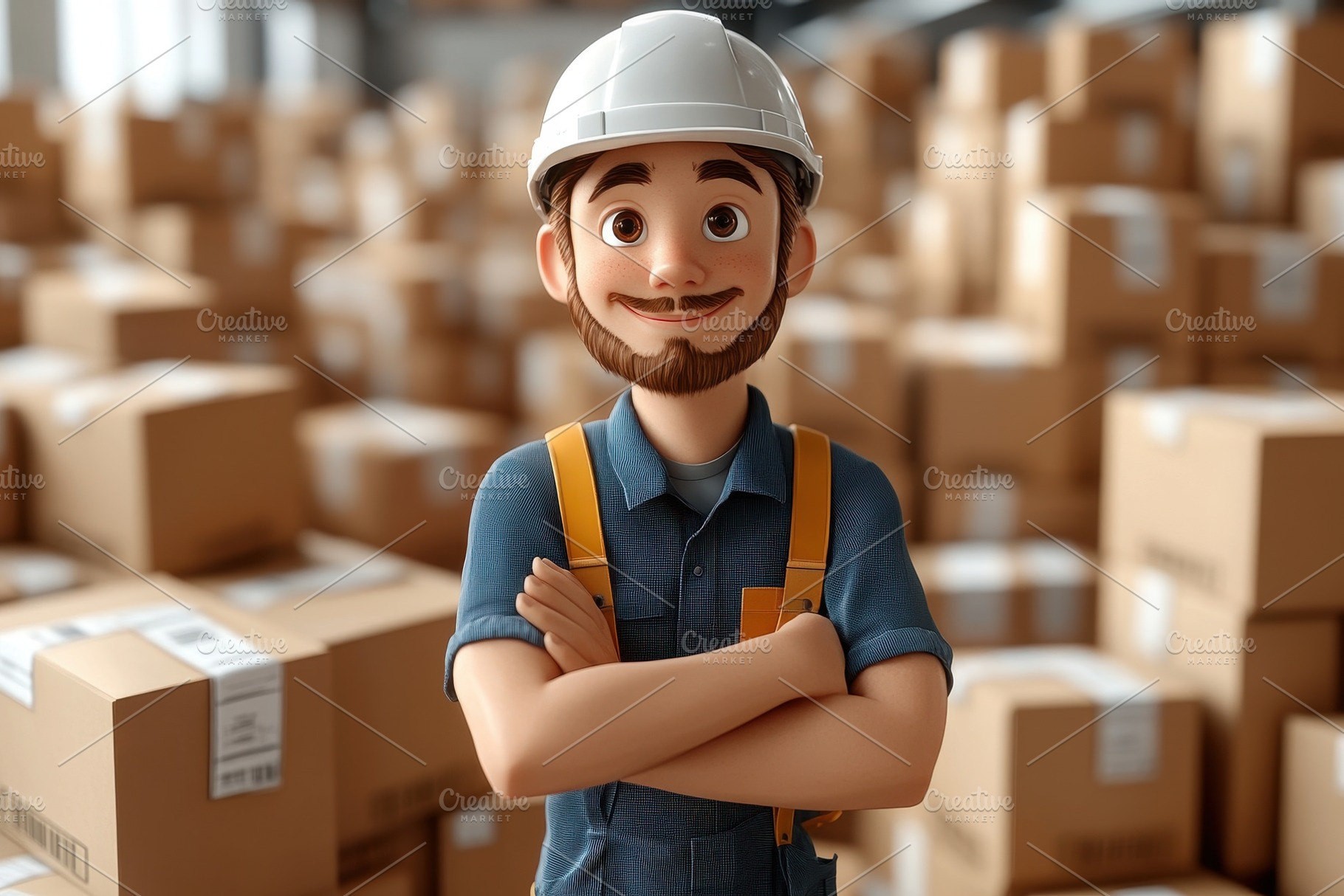 Cartoon character in hard hat stands, a Photo by Tanuart
