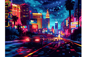 Neon city street with sports car at, a Transportation Illustration by AlexArt