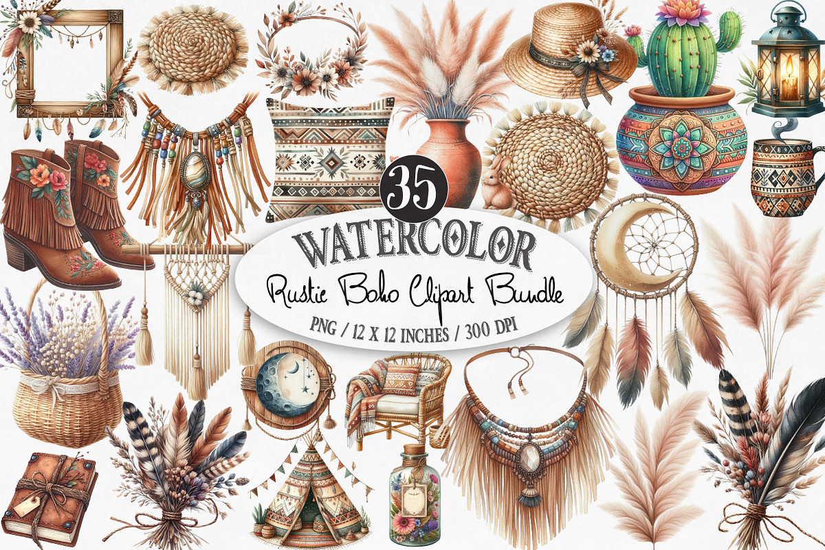 Watercolor Rustic Boho Clipart, an Illustration by Designking (Photo 1 of 4)