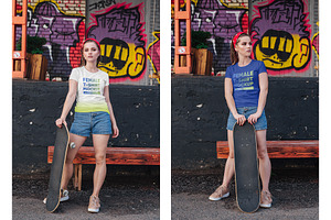 Female T-Shirt In City PSD Mockups