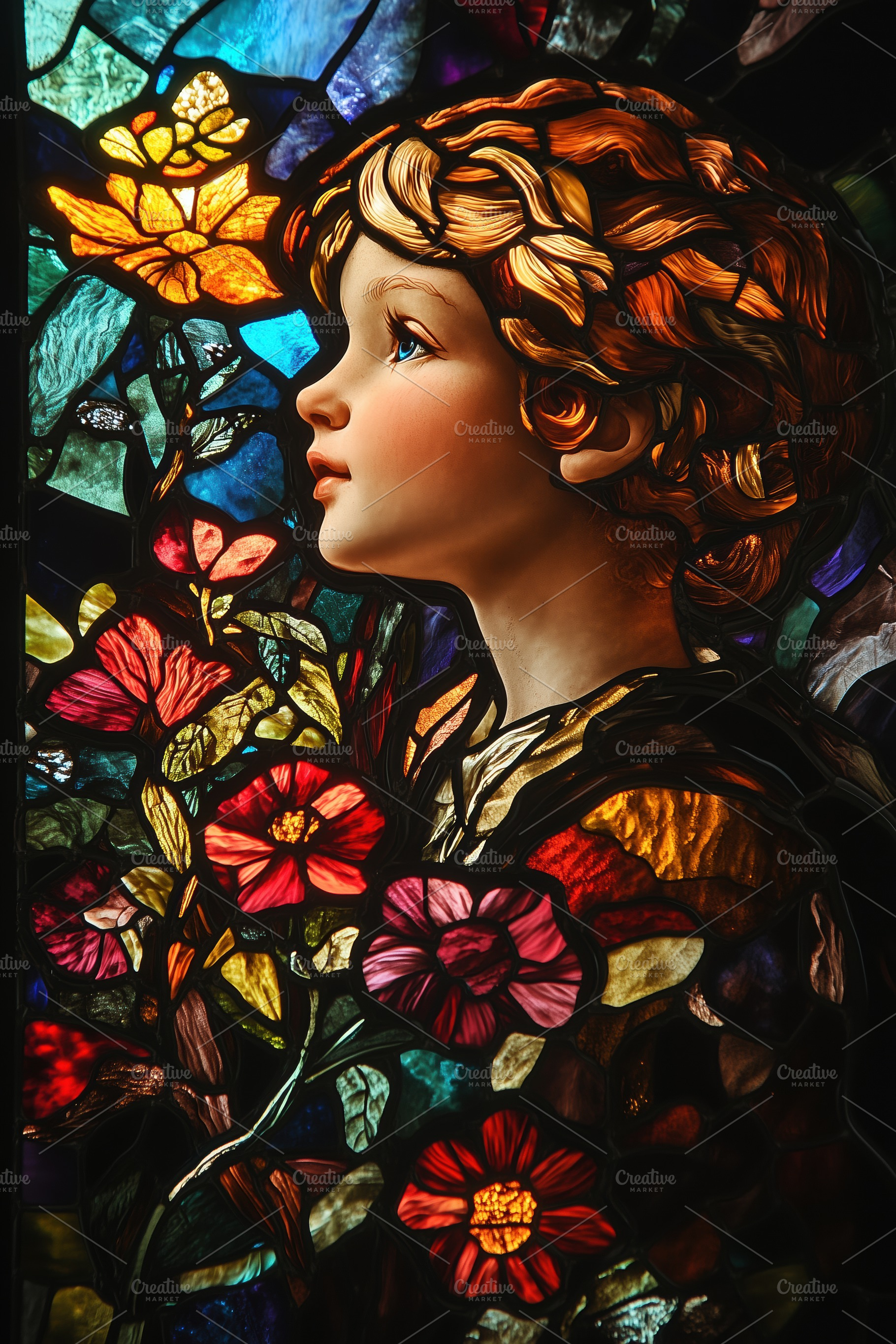 A beautiful stained glass window featuring a young girl with curly hair, surrou, a Person Photo by Textures & Backgrounds