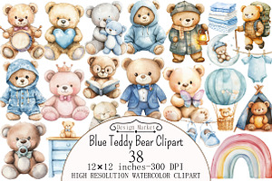 Watercolor Blue Teddy Bear Clipart, a Seasonal Illustration by Design Market