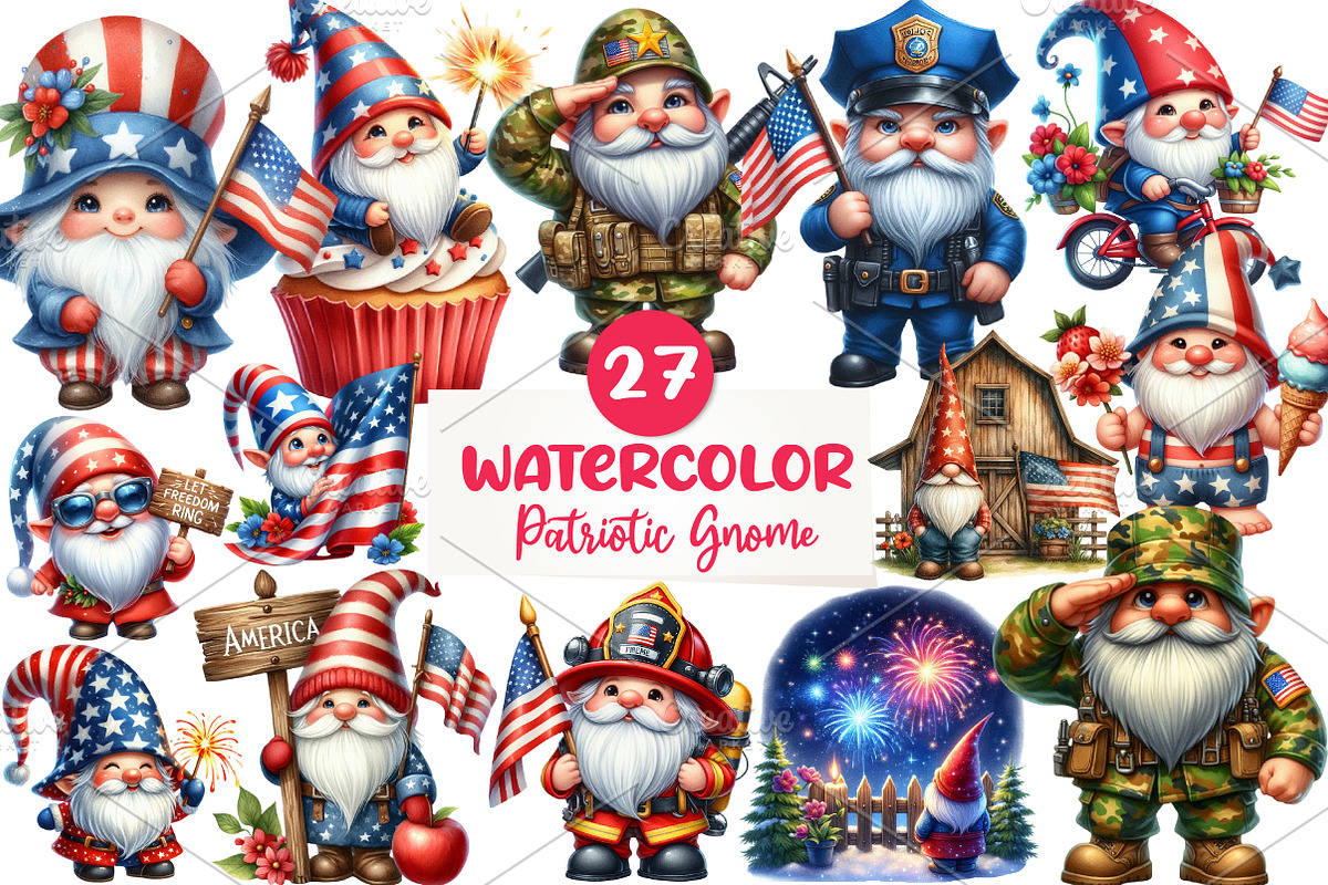 Watercolor Patriotic Gnome Clipart, an Illustration by CreationArt (Photo 1 of 5)