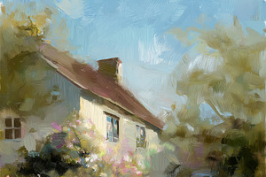 Oil painting of a charming cottage with blooming garden flowers,, a Decorative Illustration by Studio ANNA