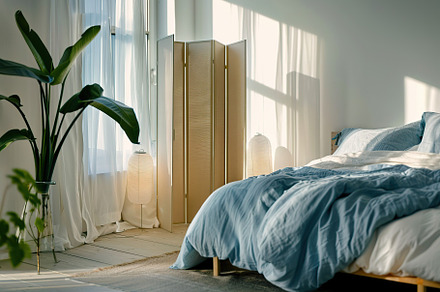 Stylish interior of modern bedroom with wooden folding screen, a Beauty & Fashion Photo by AlyaAnd
