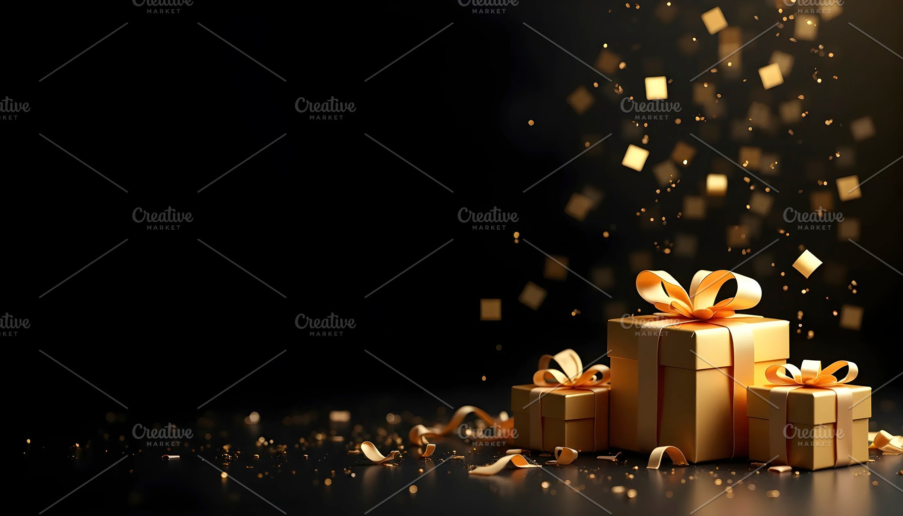 Gold Gift Boxes with Confetti on Bla, a Photo by LOGOCREATIVE