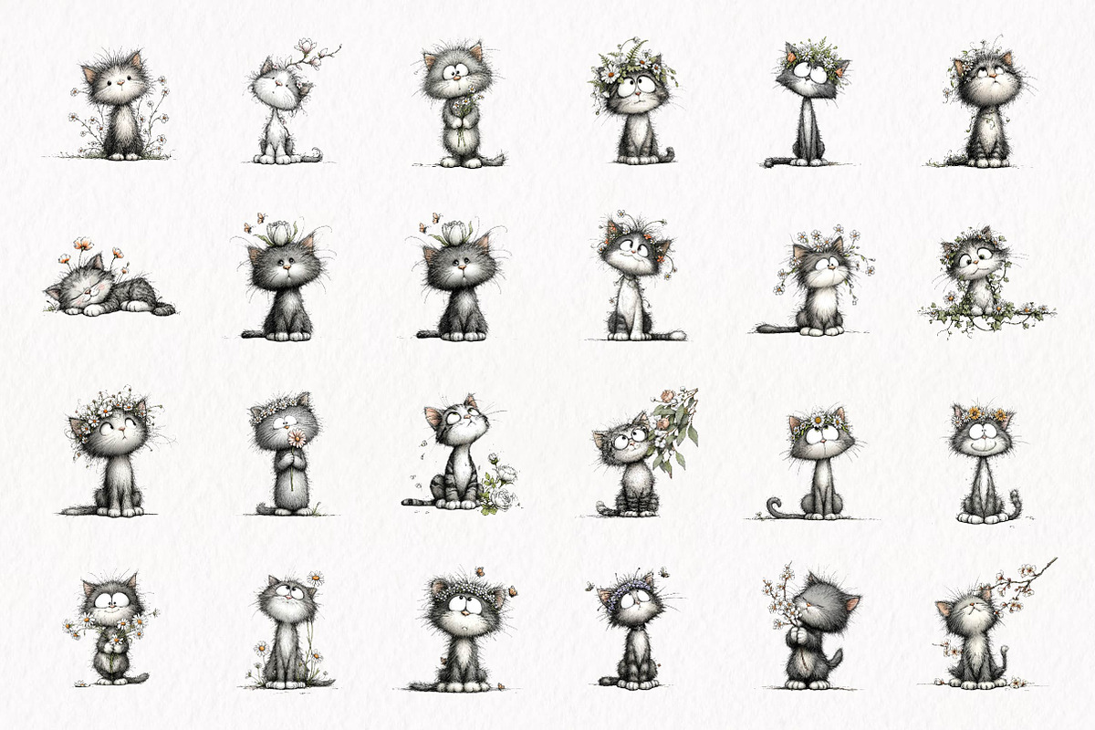 Whimsical Floral Kitten Clipart, an Animal Illustration by fashionaddict (Photo 4 of 7)