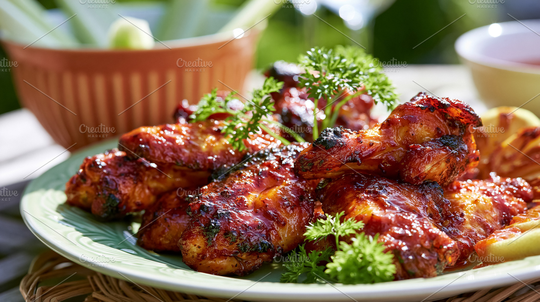 Glazed chicken wings with barbecue sauce and parsley on a plate, enjoying an ou, a Photo by Studio ANNA
