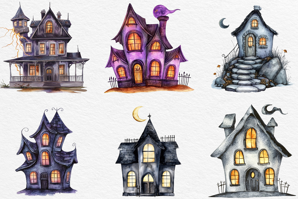 Watercolor Halloween House Clipart, an Illustration by Black Bird Studio (Photo 2 of 6)