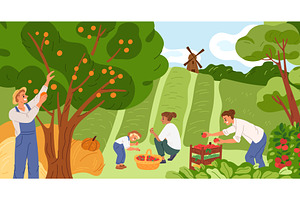 Farmers at harvest. Gardeners pluck, a Person Illustration by Vectorbuum