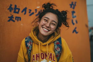 Young woman in yellow hoodie smiling against orange wall with backpack and glas, a Photo by AS photostudio